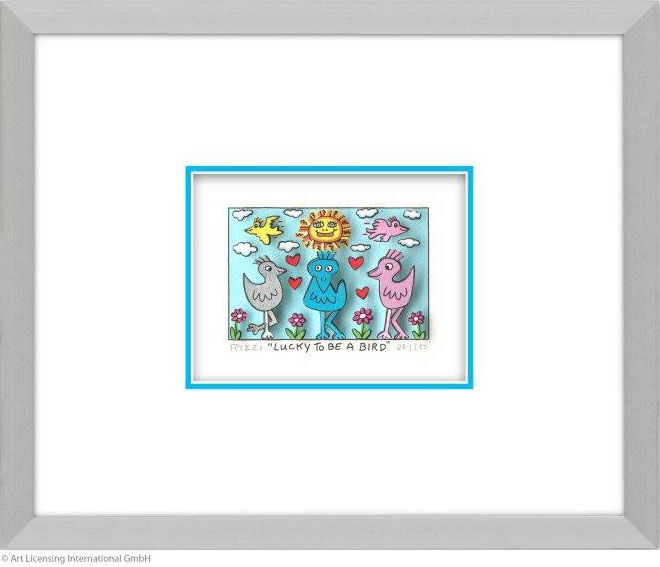 3D-Bild "LUCKY TO BE A BIRD" (2025), gerahmt von James Rizzi