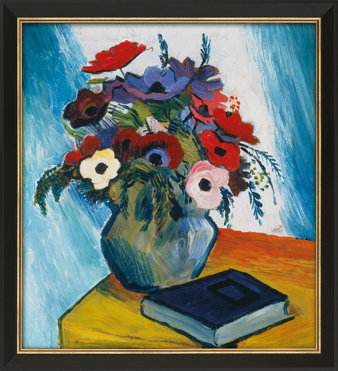 Picture "Still Life with Anemones and Blue Book" (1911), framed by August Macke