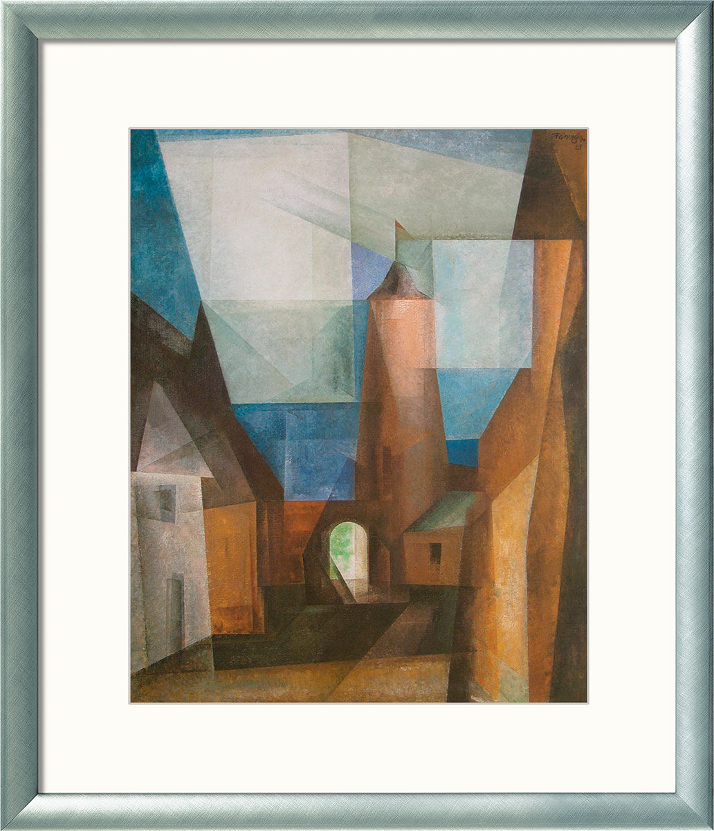 Bild "Der Grützturm in Treptow an der Rega" (1928), gerahmt von Lyonel Feininger