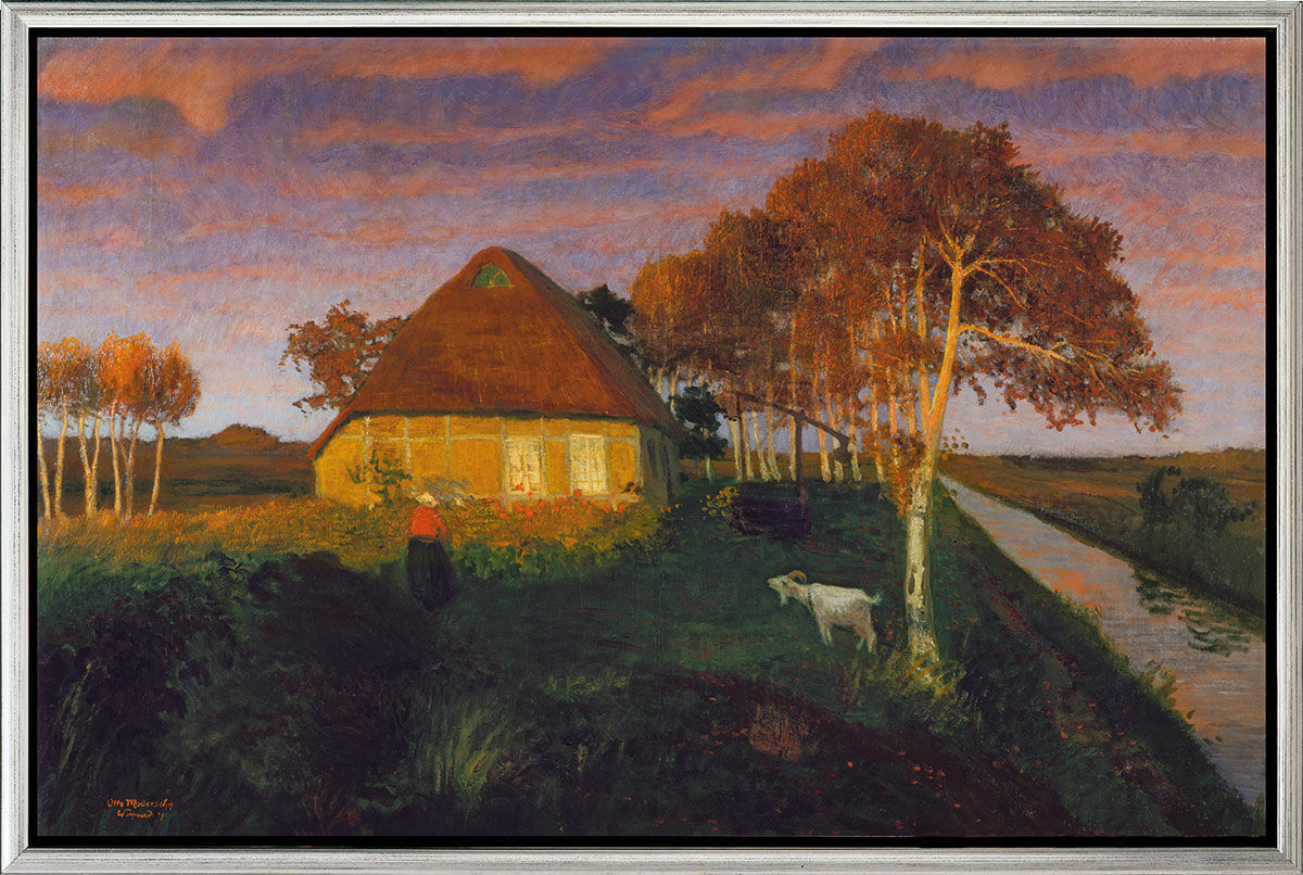 Billede "Tørvehus i aftensollys" (1899), indrammet von Otto Modersohn
