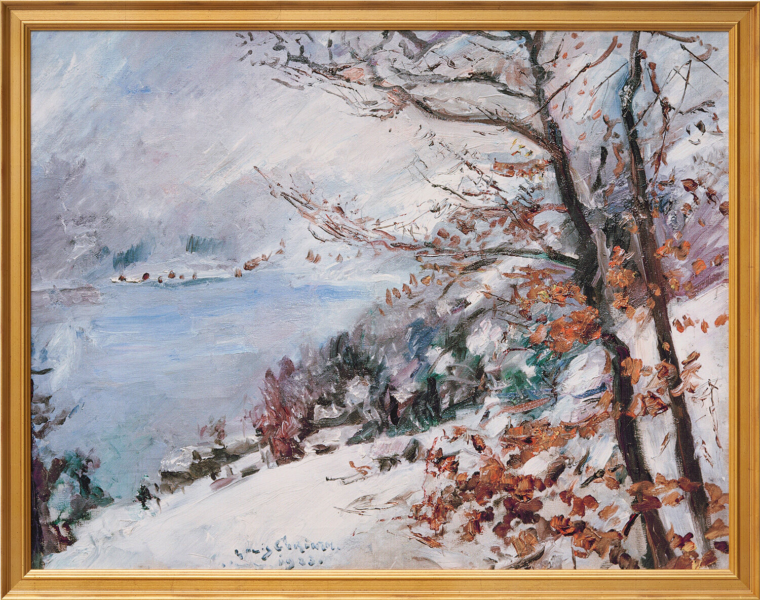 Picture "Walchensee in Winter" (1923), golden framed version by Lovis Corinth