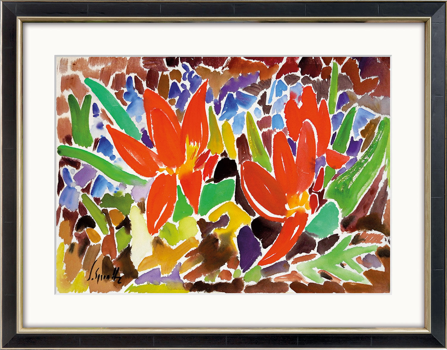 Billedet "Tulipaner og Scilla" (1975), sort og sølvfarvet indrammet version af Siegward Sprotte