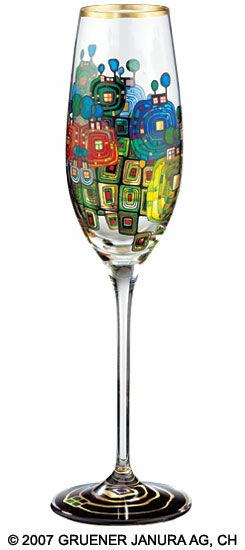 (814) Champagneglas "Paviljoens en bungalows voor inboorlingen en buitenlanders" von Friedensreich Hundertwasser