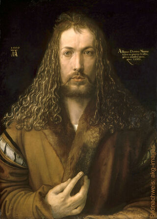 The famous self-portrait in a fur coat by the German artist and painter Albrecht Dürer, dated 1500, set against a dark background.