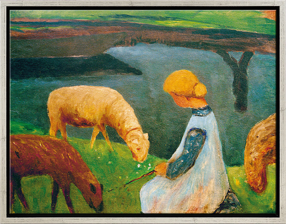 Bild "Sitzendes Mädchen mit Schafen am Weiher I" (1903), gerahmt von Paula Modersohn-Becker
