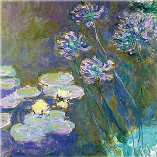 Glasbild "Gelbe Seerosen und Agapanthus" von Claude Monet