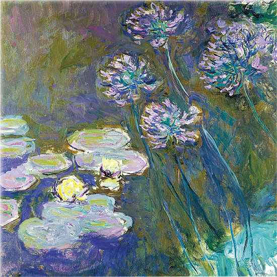 Wandobjekt "Gelbe Seerosen und Agapanthus", Glas von Claude Monet
