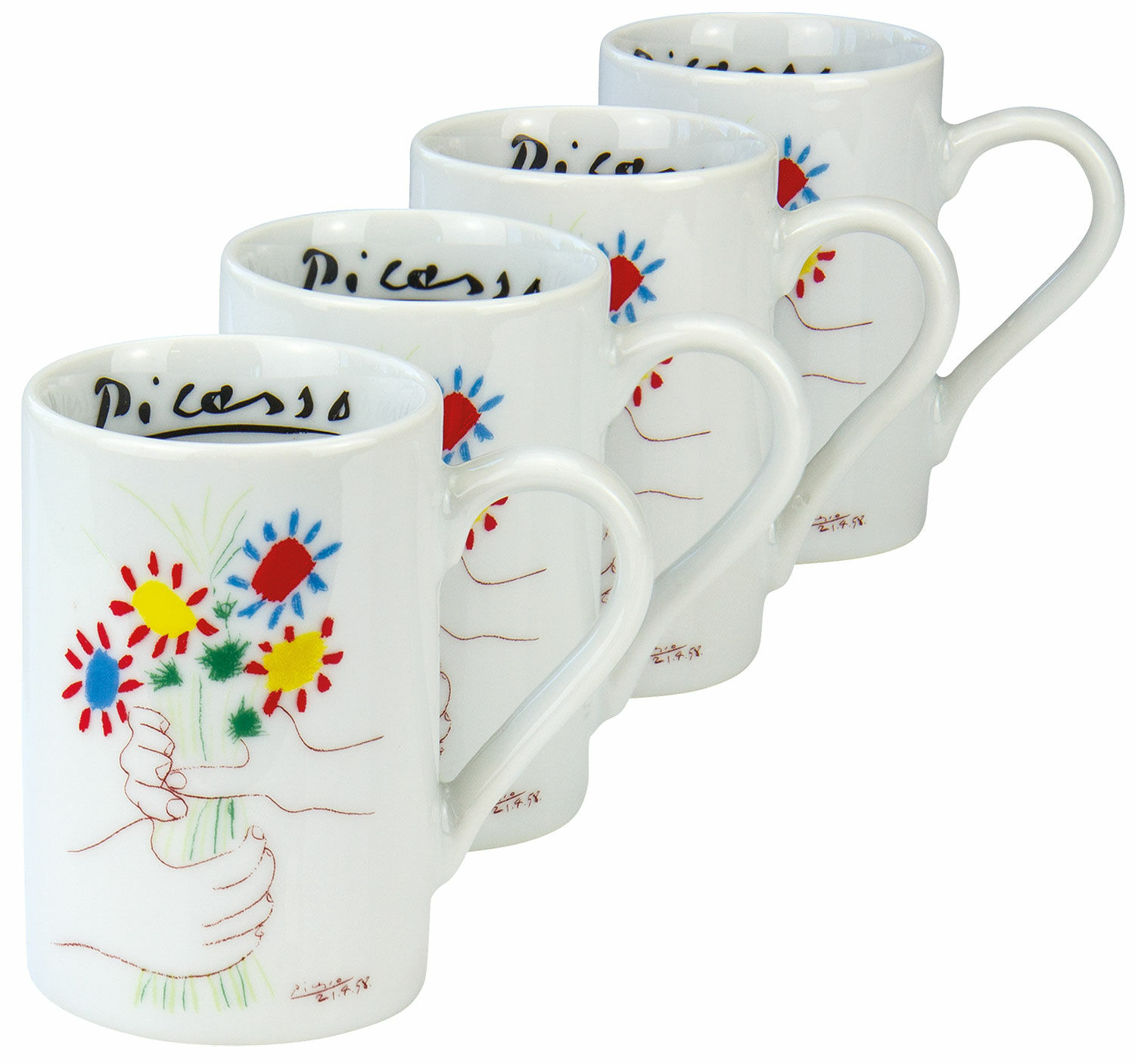 Set van 4 espressokopjes "Handen met boeket", porselein von Pablo Picasso