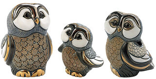 Set of 3 ceramic figurines "Barn Owl Family"