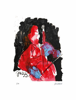 Bild "Bassist in Rot" (2022), ungerahmt von Armin Mueller-Stahl