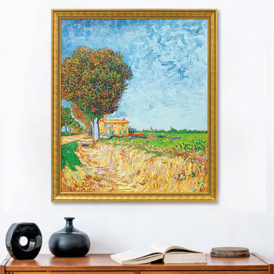 Bild "Allee bei Arles mit Häusern" (1888), gerahmt von Vincent van Gogh