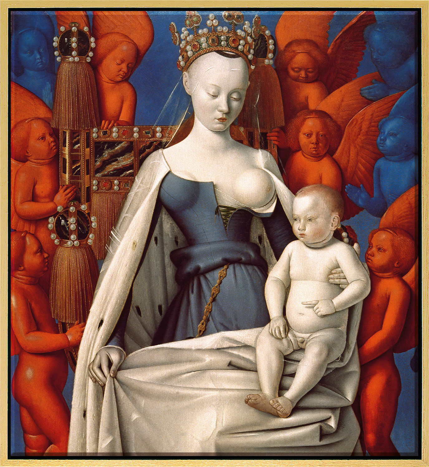 Bild "Madonna umgeben von Cherubim und Seraphim" (um 1450), Version goldfarben gerahmt von Jean Fouquet