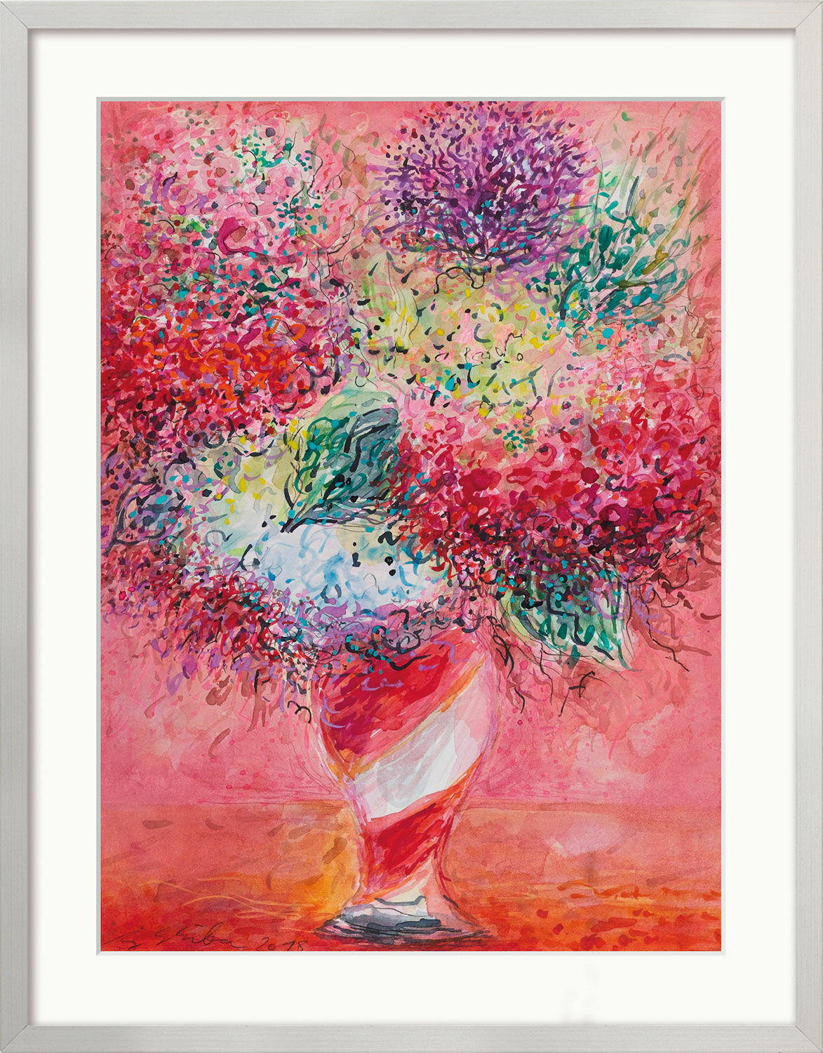 Bild "Blumen in gestreifter Vase" (2018-2020) (Original / Unikat), gerahmt von Ansgar Skiba