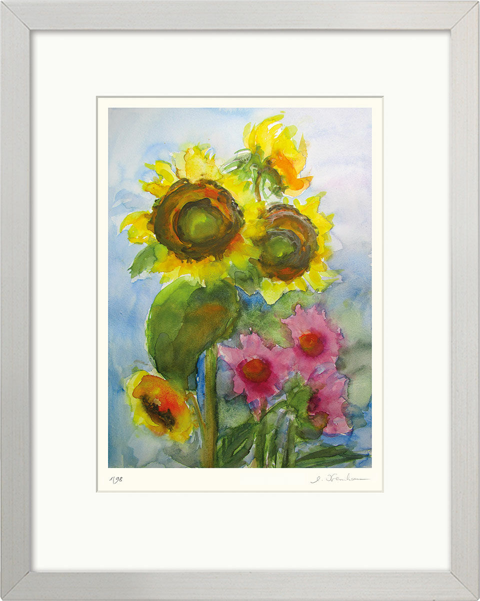 Bild "Sonnenblumen" (2020), gerahmt von Christine Kremkau