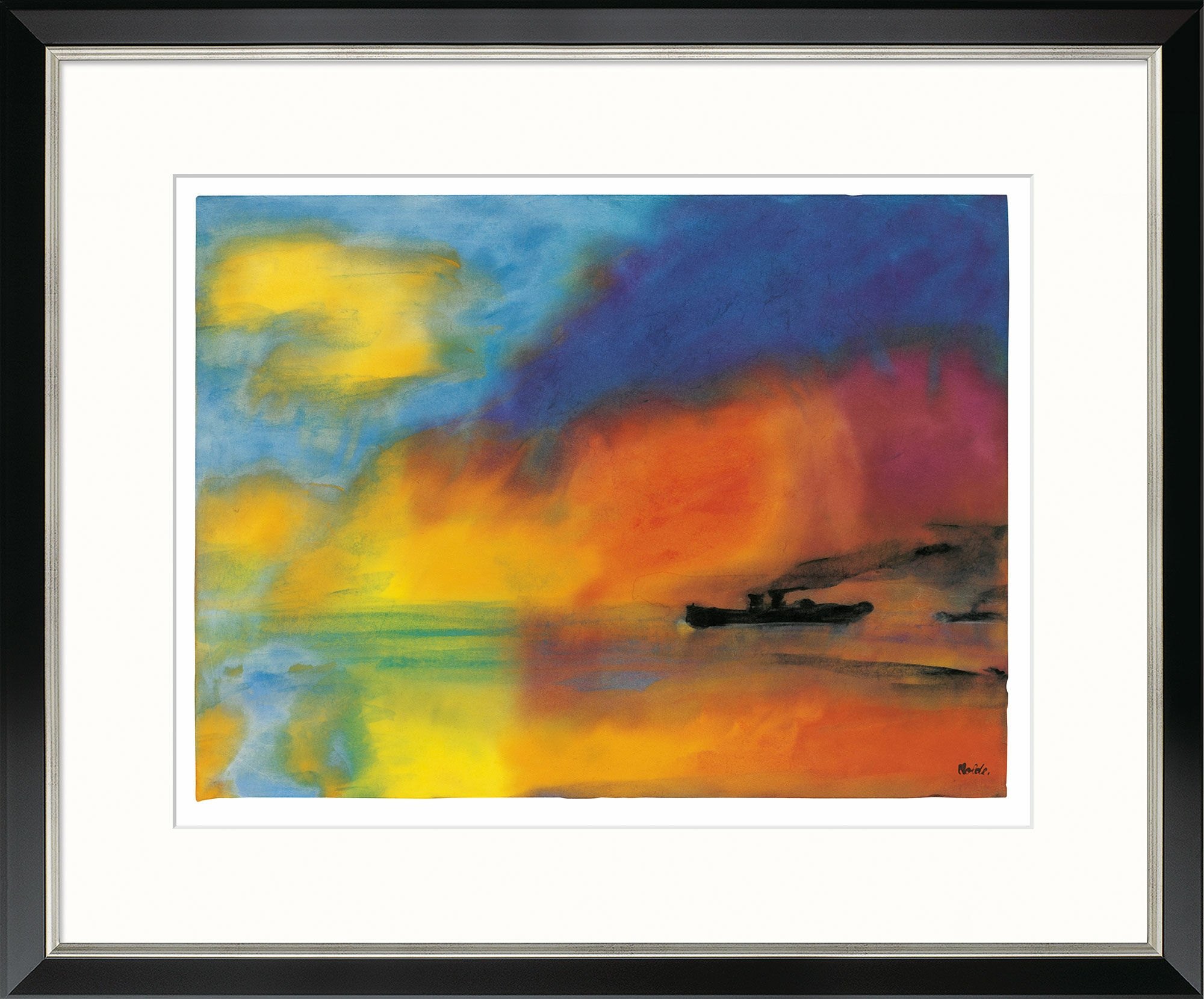 Picture "Sea with Two Small Steamships (red, blue and green)", black and silver-coloured framed version by Emil Nolde