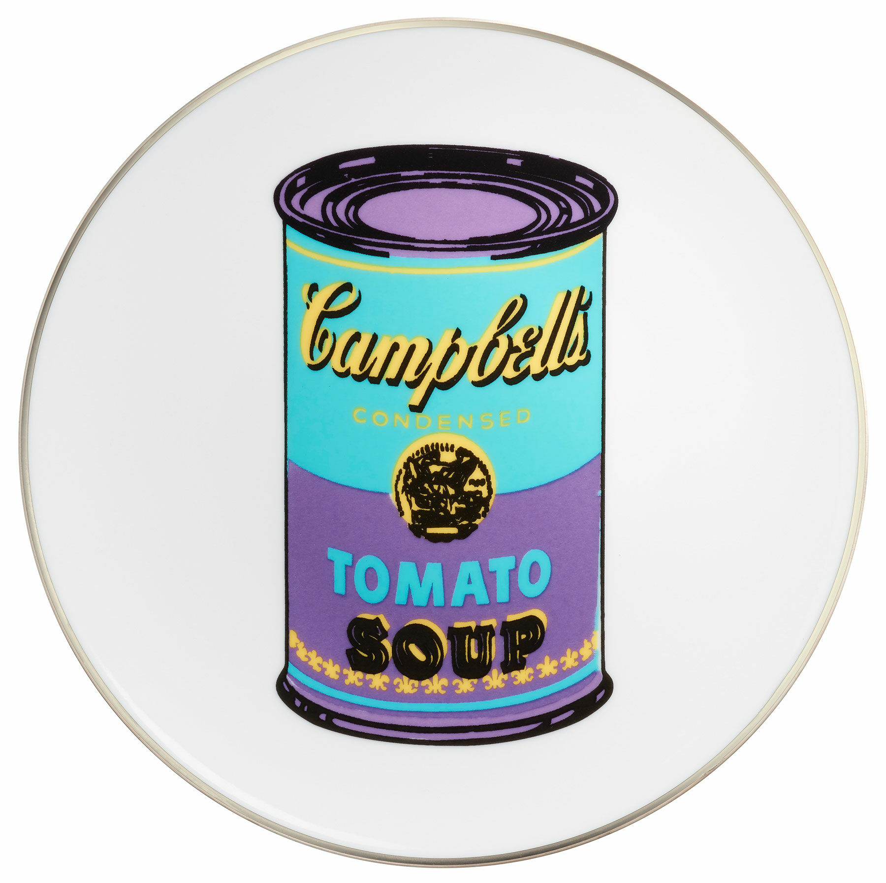 Porseleinen bord "Gekleurd Campbells Soepblik" (turquoise/paars) von Andy Warhol