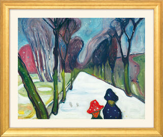Bild "Allee im Schneegestöber" (1906) - aus "Jahreszeiten-Zyklus", Version goldfarben gerahmt von Edvard Munch