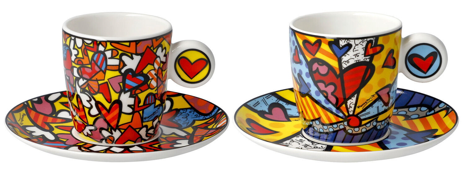 Set of 2 espresso cups with artist motifs, porcelain by Romero Britto