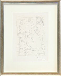 Picture "Sculpteur avec Coupe et Modèle accroupi" - from the "Suite Vollard" (1992), framed