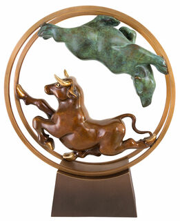 Skulptur "Bulle und Bär im Rad", Bronze