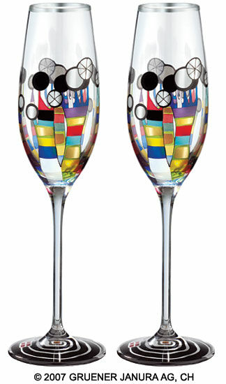 (869A) Set of two champagne glasses "Coral Flowers" by Friedensreich Hundertwasser