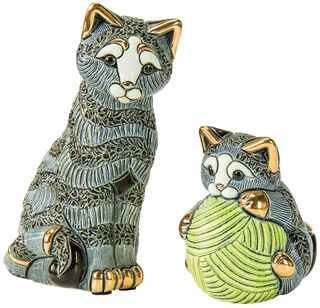Lot de 2 figurines en céramique "Mère chat avec chaton"