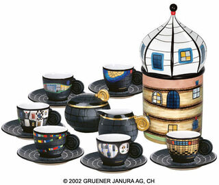 The Espresso Cup Collector's Edition incl. cream jug, sugar bowl and porcelain object "Sediment Tower" by Friedensreich Hundertwasser