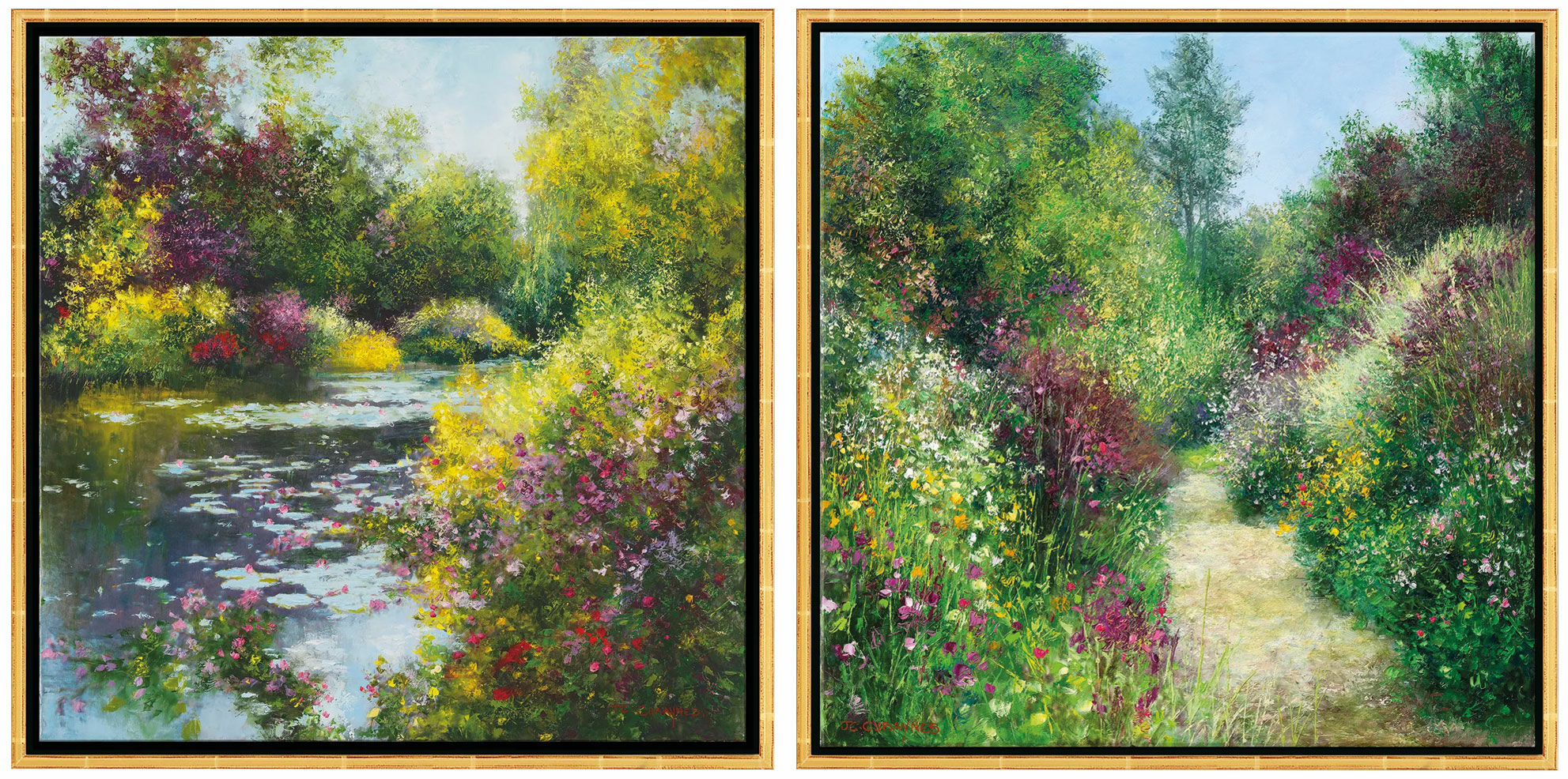 2 Bilder "A Giverny le Jardin de Monet" + "Giverny - Le Jardin de Pascale à Grimaud" im Set, gerahmt von Jean-Claude Cubaynes