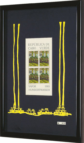 Tableau "Vapor - The Cabo Verde Steamer". Édition spéciale avec 4 timbres à 50 Escudos, jaune von Friedensreich Hundertwasser