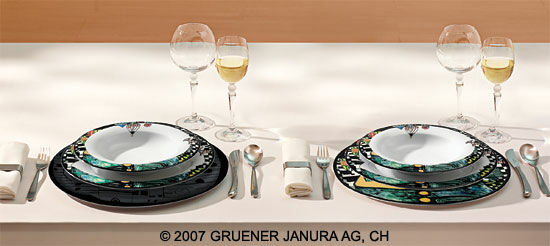 Service de vaisselle de 18 pièces pour 6 personnes, version "Onionraindome" et "The Antipodes" von Friedensreich Hundertwasser