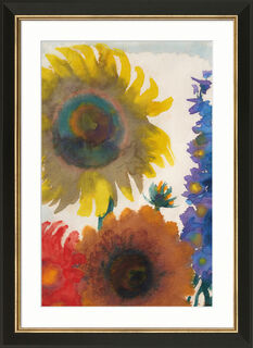 Picture "Sunflowers and Delphinium" (around 1935), black and golden framed version by Emil Nolde