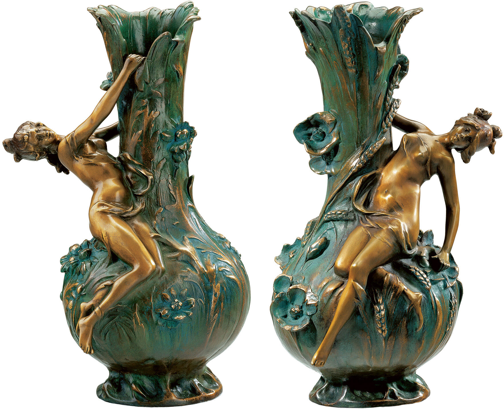 Set of 2 vases "Marguerites" and "Coquelicot", bronze version (antique green) by Louis Auguste Moreau