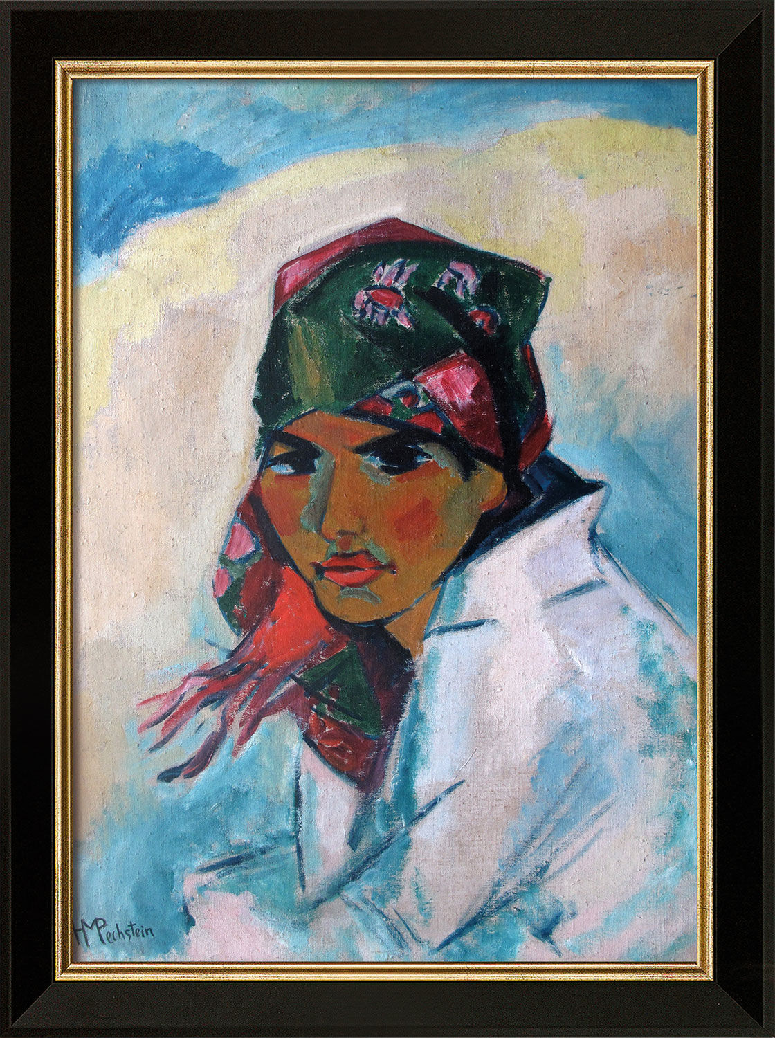 Quadro "Lotte con foulard" (1920), versione con cornice nera e dorata di Max Pechstein