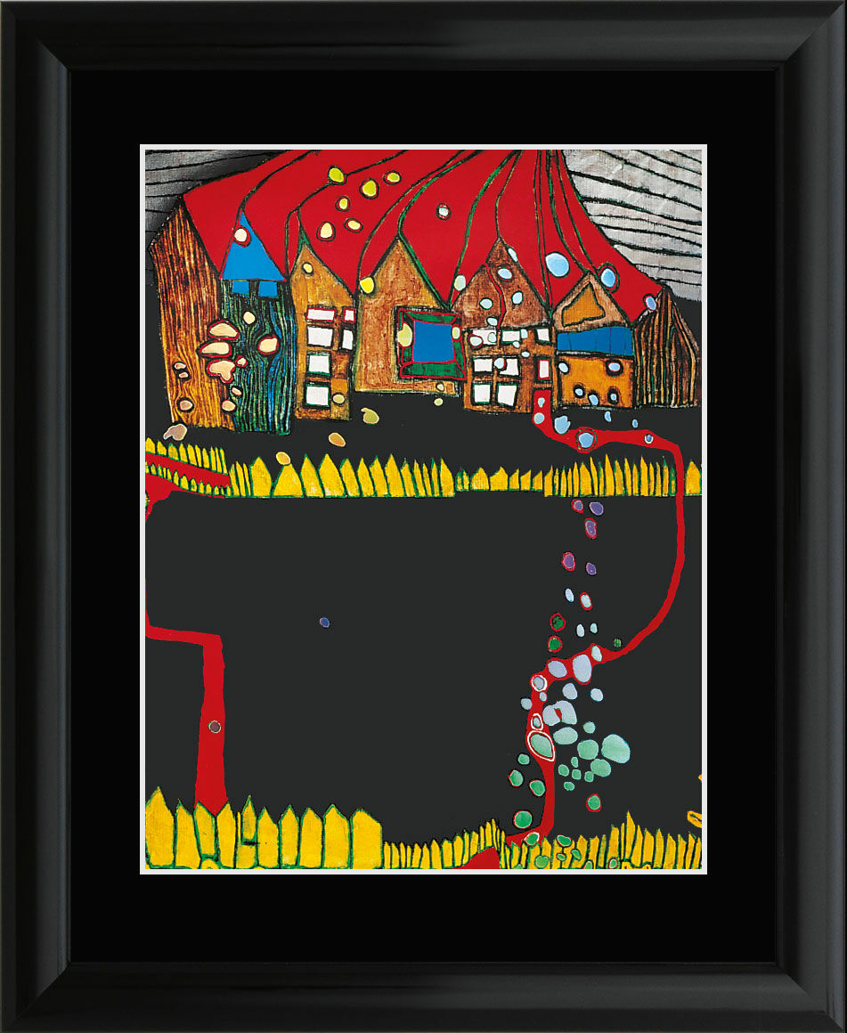 Picture "Houses in the Snow in a Silver Shower", framed by Friedensreich Hundertwasser