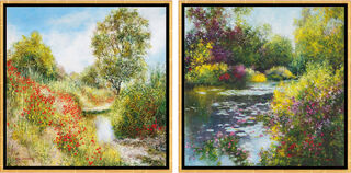 Set of 2 pictures "Plaine de Grimaud" + "A Giverny le Jardin de Monet", framed by Jean-Claude Cubaynes