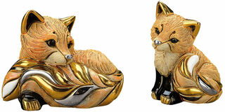 Set of 2 ceramic figurines "Red Fox with Young"