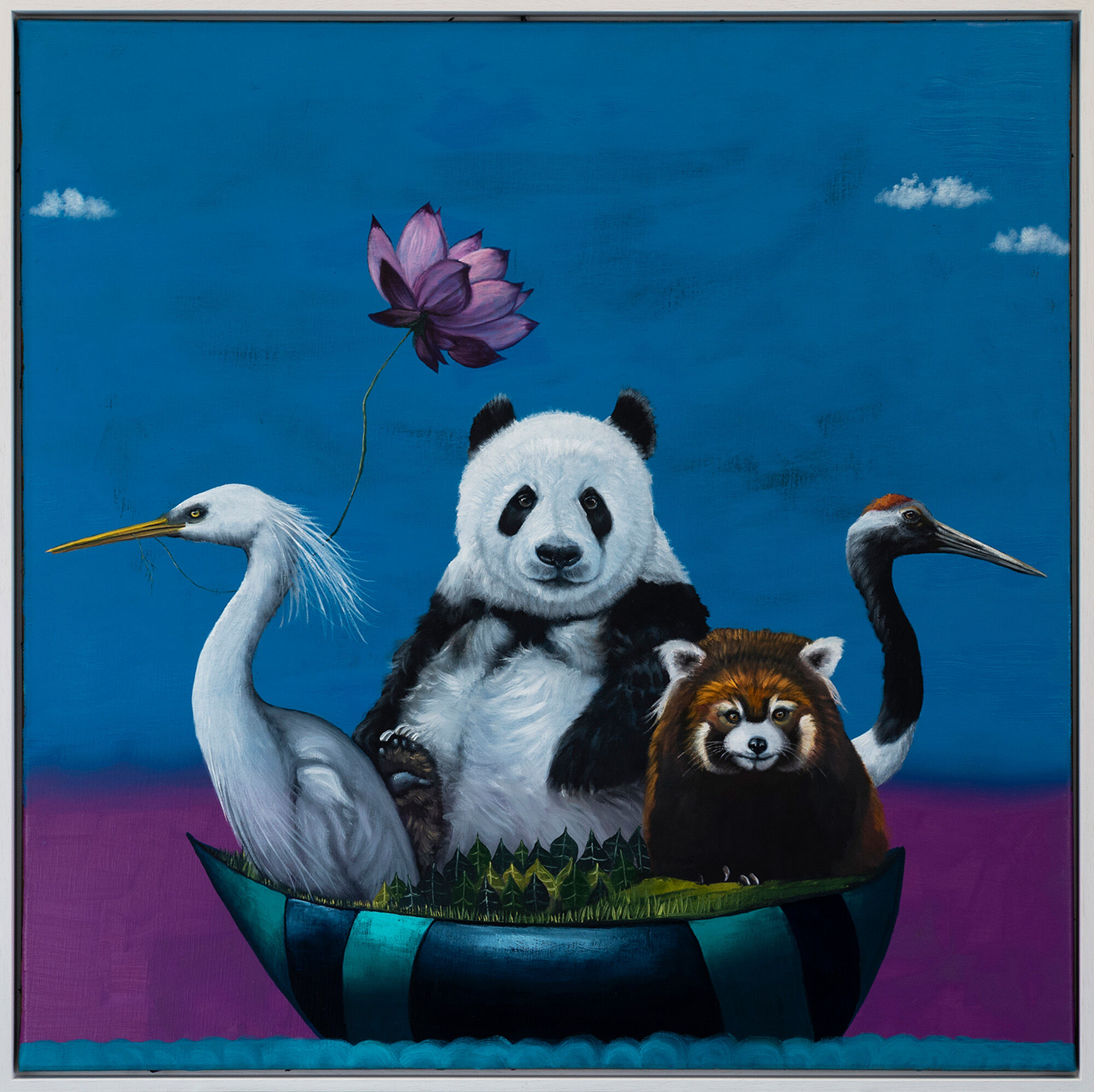 Tableau "Série Wanderlust | Héron ornemental, ours panda, petit panda de l'Ouest et grue de Mandchourie" (2023) (Pièce unique) von Lezzueck Coosemans