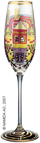 (882A) Champagne glass "Snail Houses with Black Smoke" by Friedensreich Hundertwasser