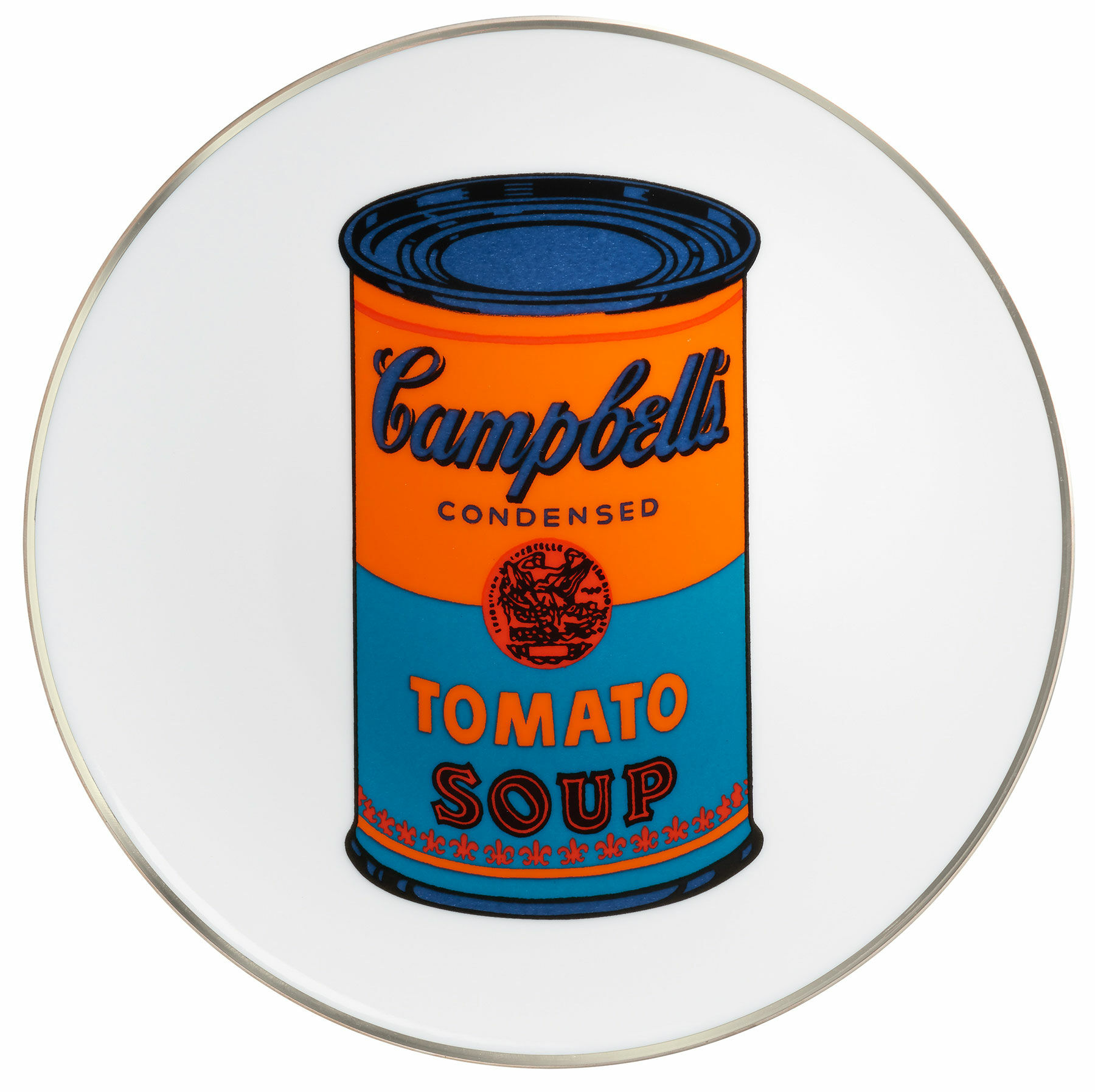 Porseleinen bord "Gekleurd Campbells Soupblik" (oranje/blauw) von Andy Warhol