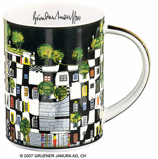Magic mug "ArtHouseVienna", porcelain by Friedensreich Hundertwasser