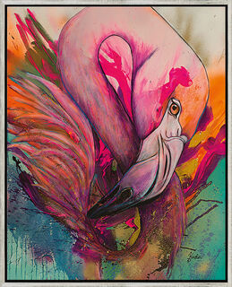 Obraz "Flamingo Flora" (2025) (Originál / Unikátní dílo), zarámováno