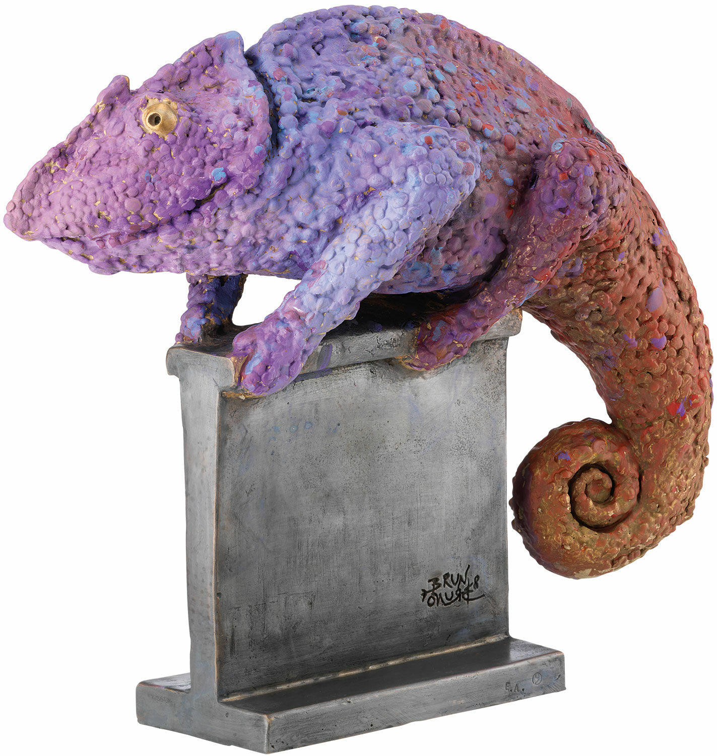 Sculpture "Chameleon Purple-Orange", bronze hand-painted by Bruno Bruni