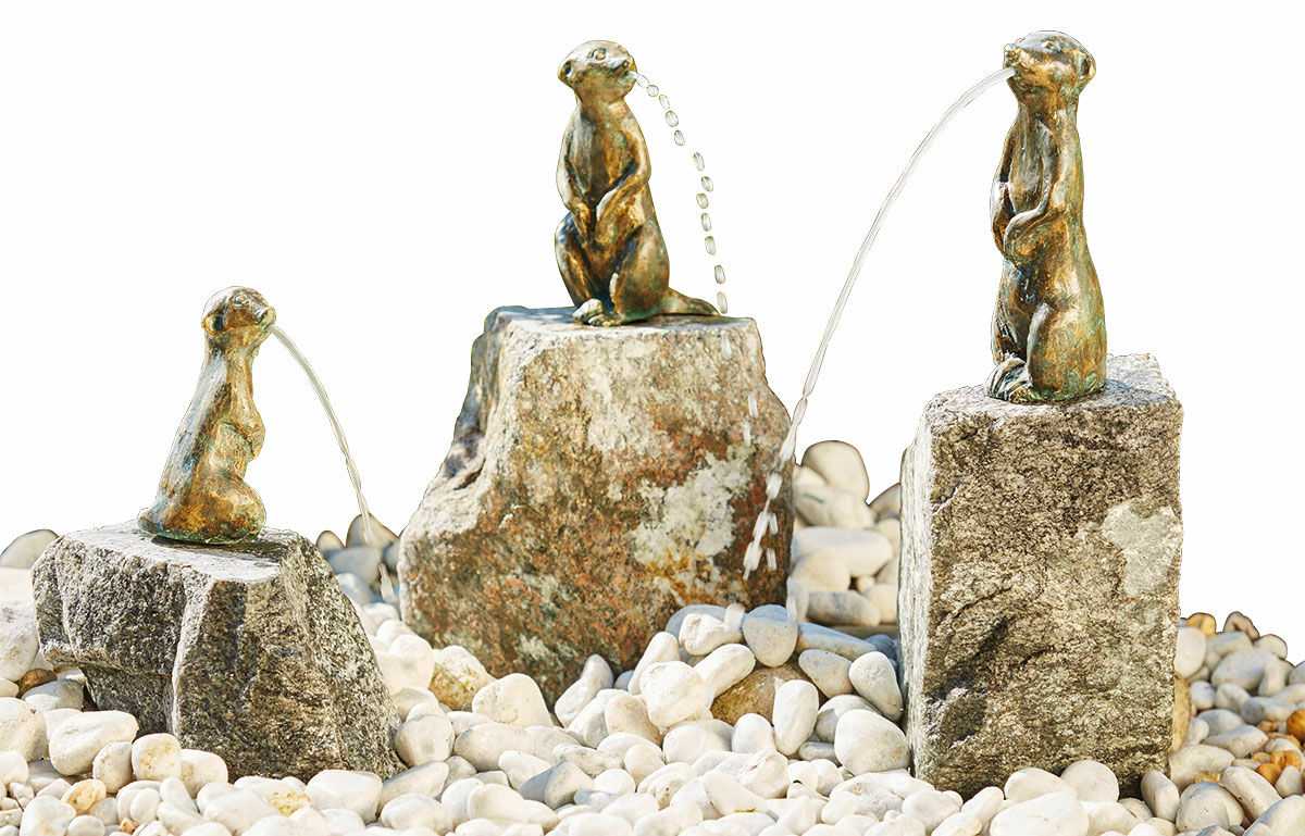3 sculptures de jardin / gargouilles "Suricate sur granit de la Forêt-Noire" en ensemble, bronze