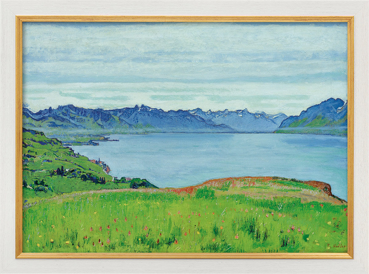 Beeld "Landschap aan het meer van Genève met uitzicht op Wallis" (1907), ingelijst von Ferdinand Hodler