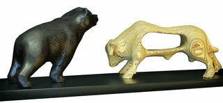 2-delt skulptur "Bull and Bear" (2023) (Original / Unika), træ på panel von Marcus Meyer