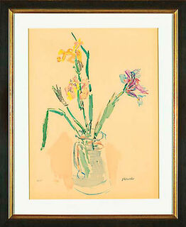 Bild "Gelbe und violette Iris" (1980), gerahmt