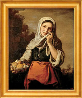 Bild "Mädchen mit Früchten und Blumen" (1655-1660), gerahmt