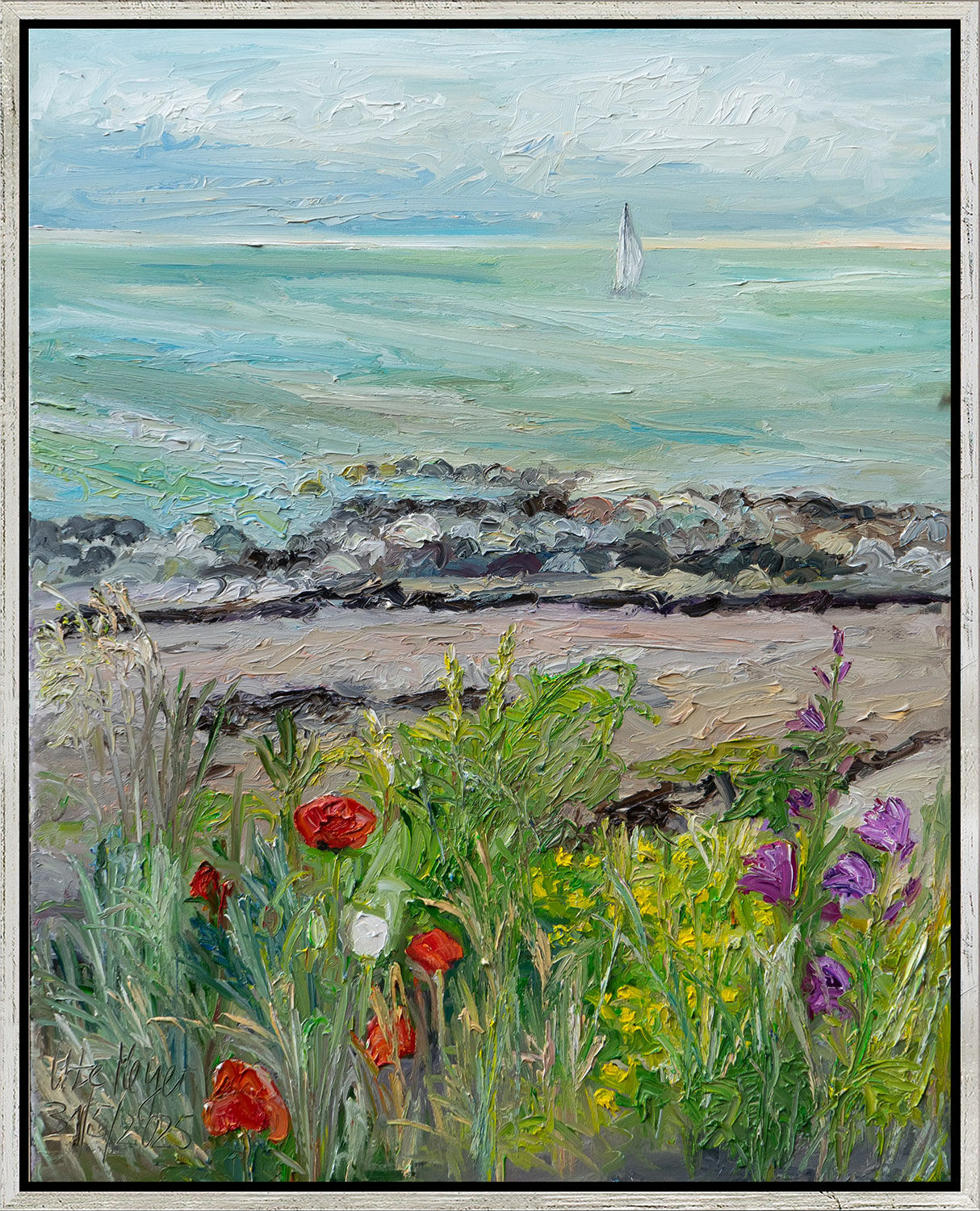 Quadro "Fiori selvatici in riva al mare / Vejsnæs / Ærø" (2025) (originale / pezzo unico), incorniciato di Ute Meyer