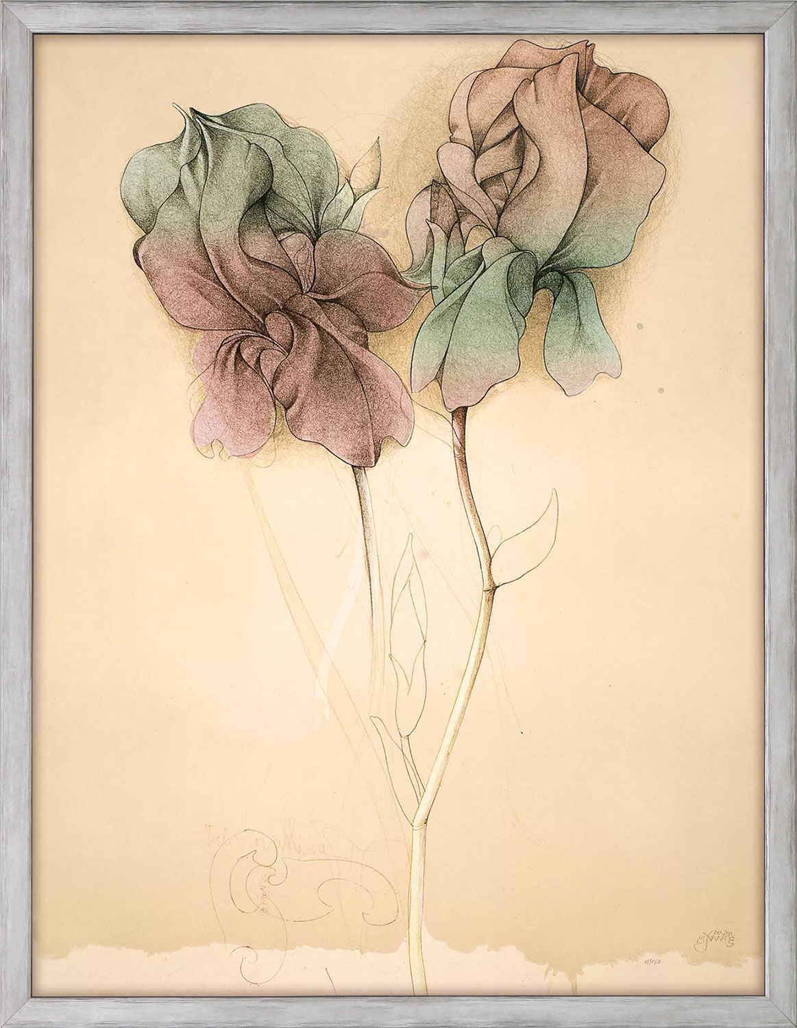 Bild "Zwei Lilien" (1987), Version silberfarben gerahmt von Bruno Bruni