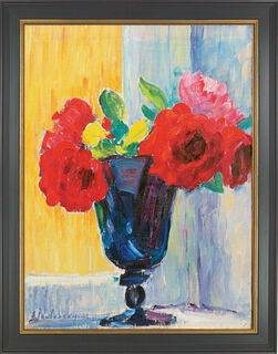Bild "Rose in blauer Vase", gerahmt